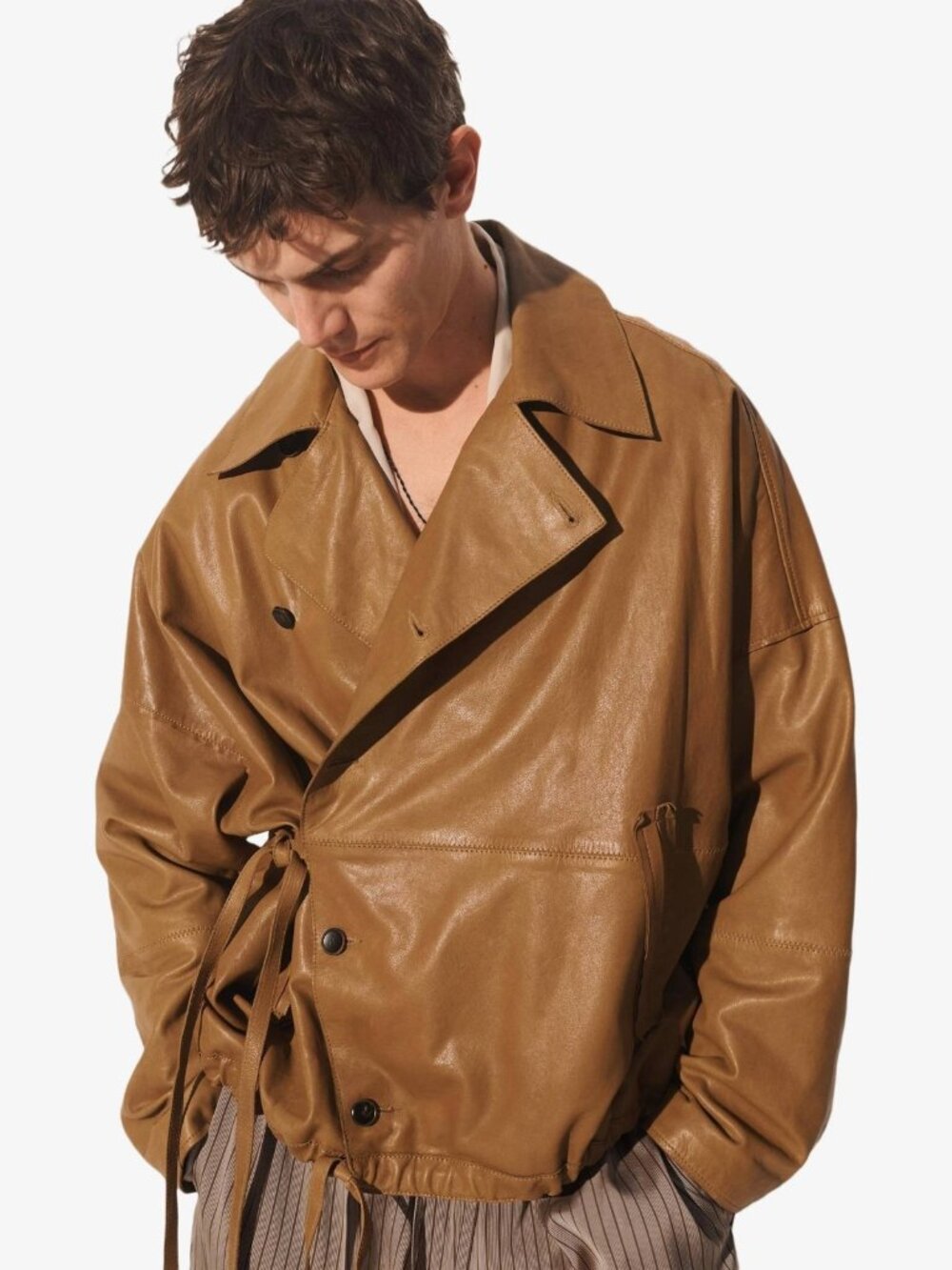 Zara Studio Mens Leather Coat Jacket Ties Buttons L Large Brown 5479/013 NWD